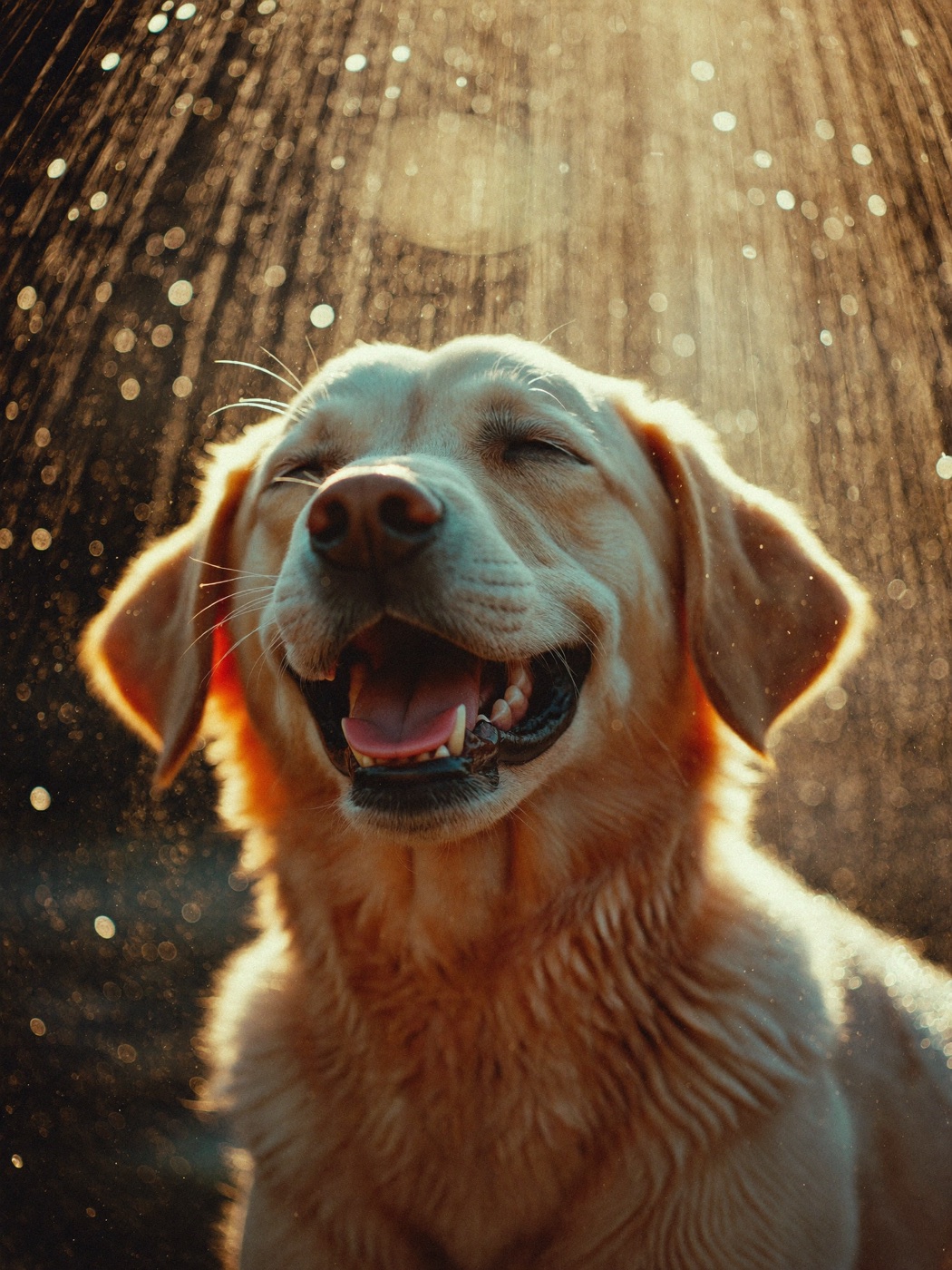 Glücklicher Hund mit geschlossenen Augen unter warmem Wasser, Tropfen glitzern im Gegenlicht
